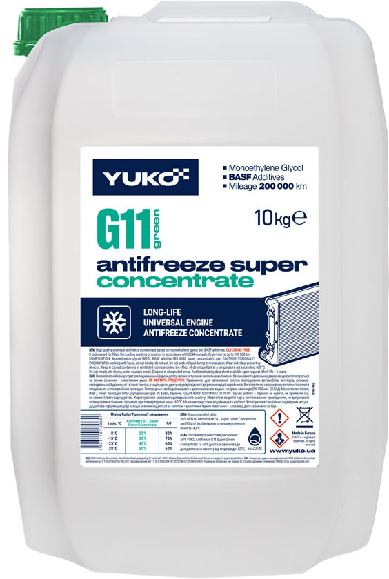 Охолоджувальна рідина YUKO G11, готова, зелений, -40°С, 10 л (4820070244373)